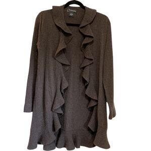 Bloomingdale's Brown Ruffled Long Cashmere/Wool Open Front Cardigan Sweater sz S